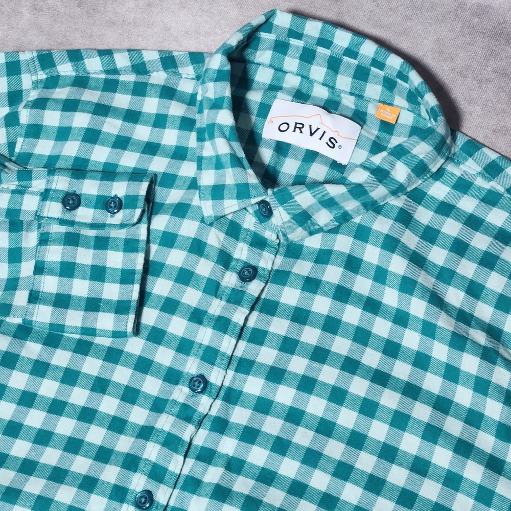 Orvis Womens Teal Gingham Check Button Down Shirt l/s Trout Bum Stretch Large